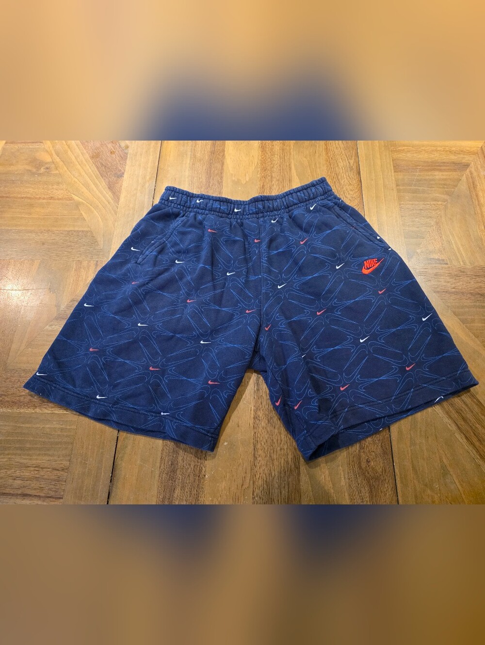 Nike Fleece Sweat Shorts Sz Large Blue Logo Pattern Adjustable Waist Pockets